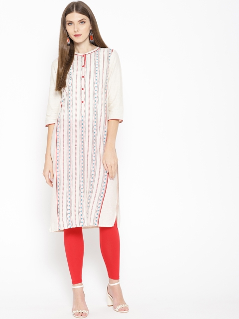 

AURELIA Women Off-White & Red Printed Straight Kurta