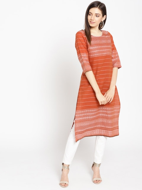 

AURELIA Women Rust Orange & Off-White Striped Straight Kurta