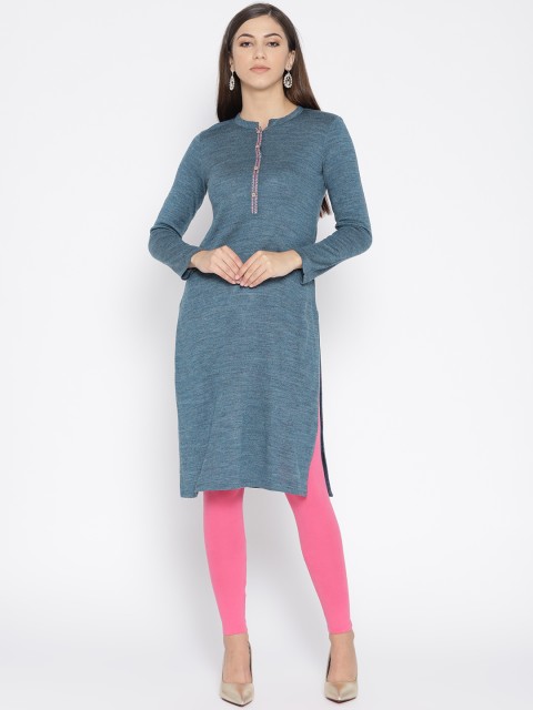 

AURELIA Women Blue Solid Knitted Winter Straight Kurta