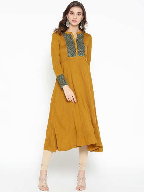 

AURELIA Women Mustard Yellow Yoke Design A-Line Winter Kurta