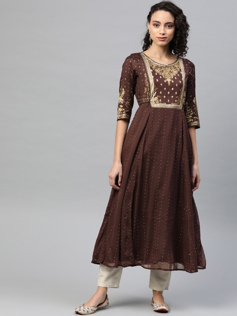 

AURELIA Women Brown & Golden Foil Printed A-Line Kurta