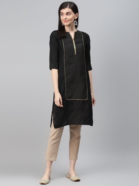 

AURELIA Women Black & Golden Striped Straight Kurta