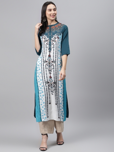 

AURELIA Women White & Blue Liva Printed Straight Kurta