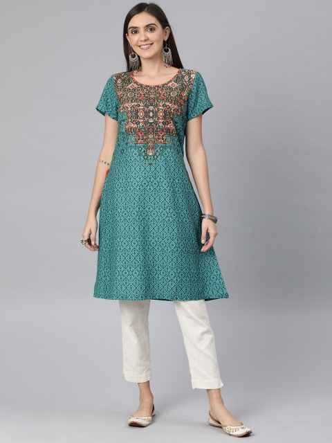 

AURELIA Women Teal Green & Orange Printed A-Line Kurta