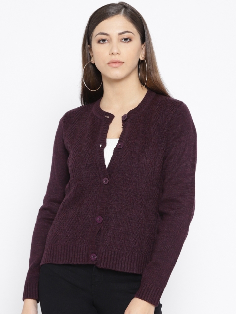 

AURELIA Women Burgundy Self Design Cardigan