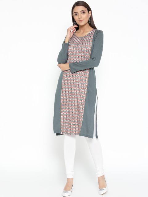 

AURELIA Women Grey & Red Printed Straight Winter Kurta