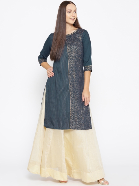 

AURELIA Women Navy Blue & Golden Printed Straight Kurta