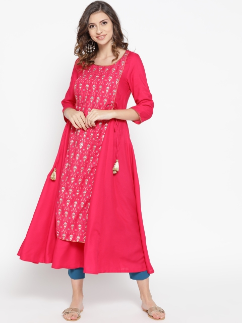 

AURELIA Women Pink & Golden Printed A-Line Layered Kurta