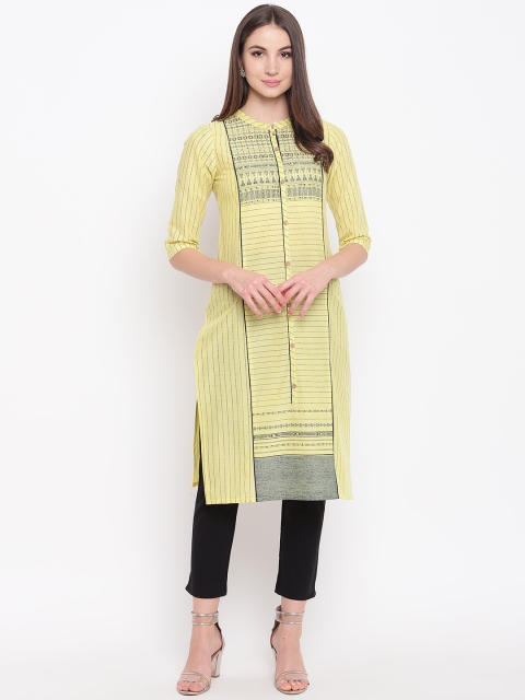 

AURELIA Women Yellow & Navy Blue Printed Straight Kurta
