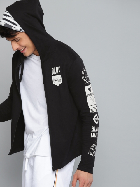 

HERE&NOW Men Black & Off-White Printed Hooded Sweatshirt