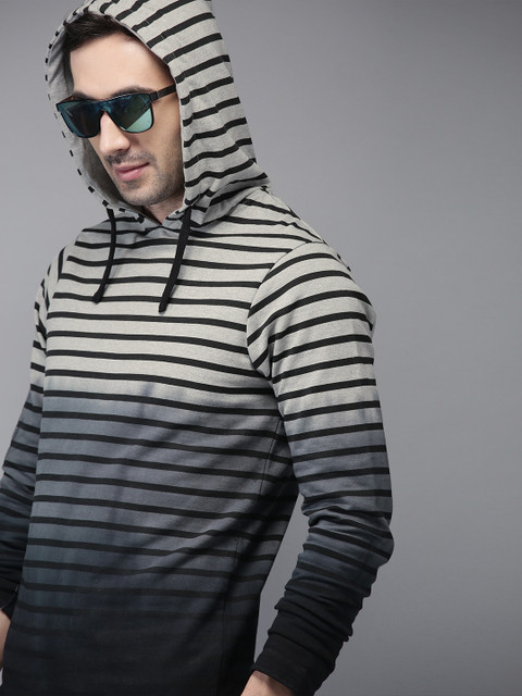 

HERE&NOW Men Grey & Black Striped Hooded Sweatshirt