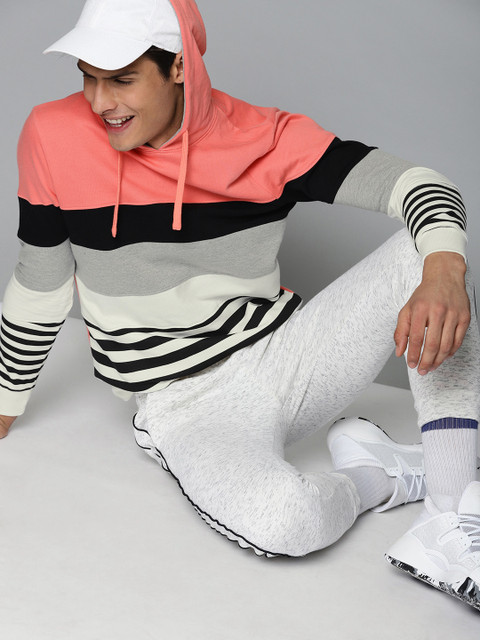 

HERE&NOW Men Coral Pink & White Striped Hooded Sweatshirt
