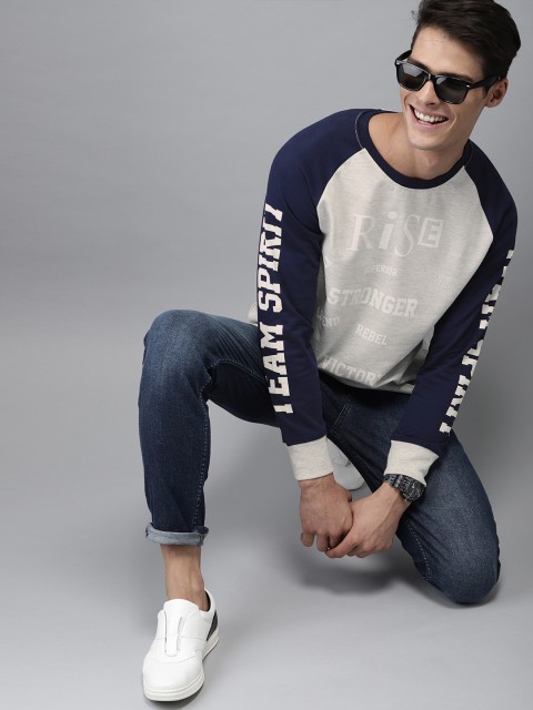 

HERE&NOW Men Grey Melange Printed Sweatshirt