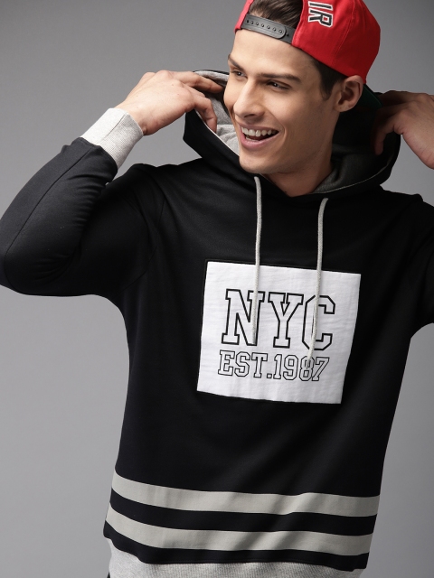 

HERE&NOW Men Black Printed Hooded Sweatshirt