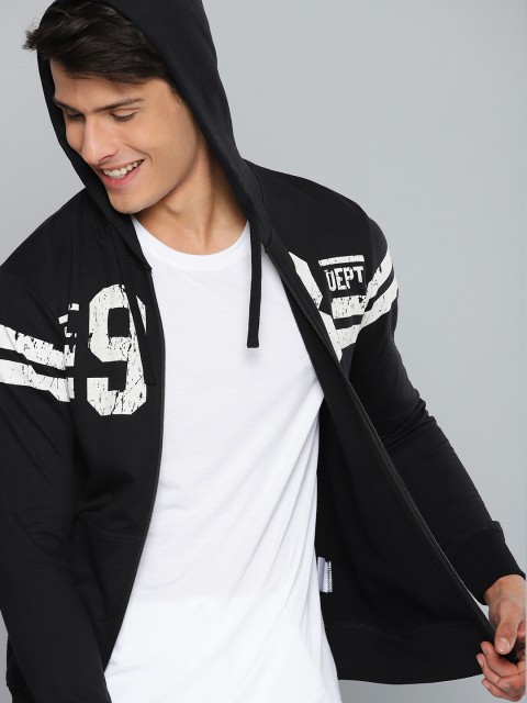 

HERE&NOW Men Black & Off-White Printed Hooded Sweatshirt