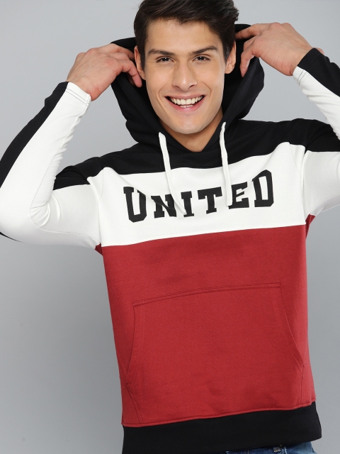

HERE&NOW Men Rust Red & Black Printed Hooded Sweatshirt
