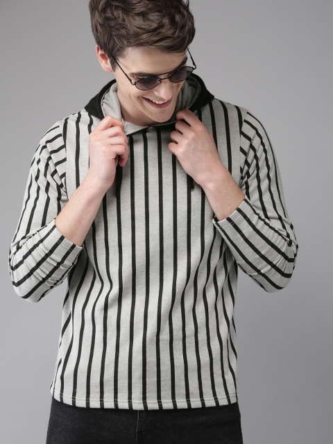 

HERE&NOW Men Grey & Black Striped Hooded Sweatshirt