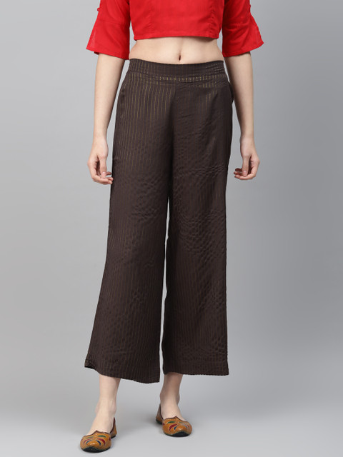 

AURELIA Women Coffee Brown & Golden Self-Striped Straight Palazzos