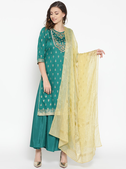 

AURELIA Women Green & Golden Printed Kurta with Palazzos & Dupatta