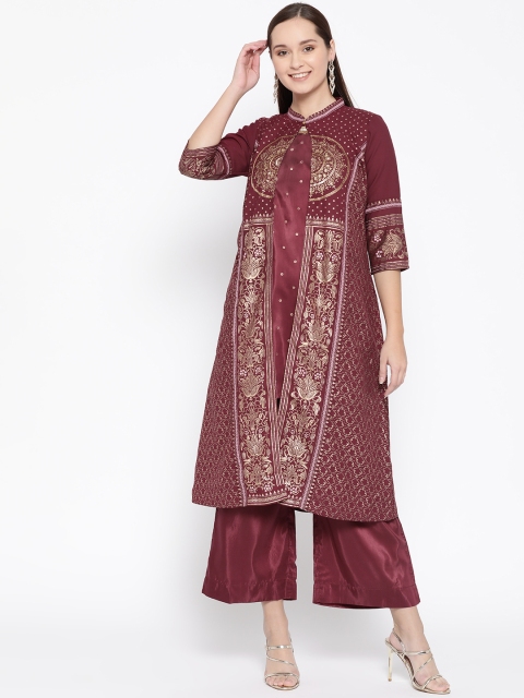 Women Burgundy & Golden Printed Layered Kurta with Palazzos