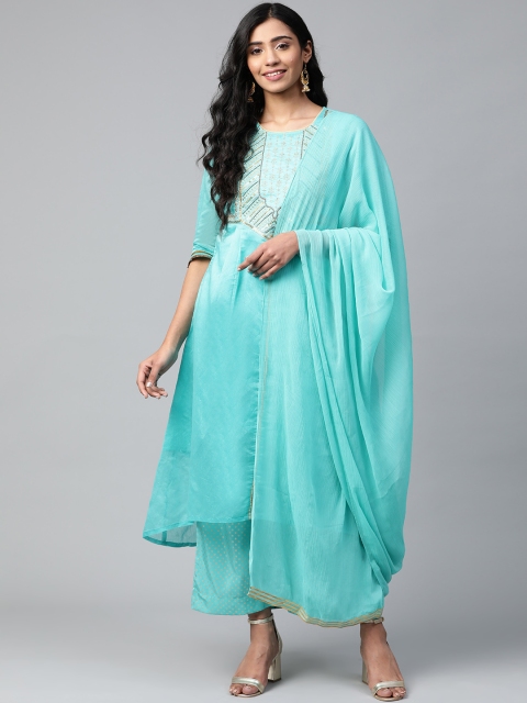 

AURELIA Women Sea Green & Golden Yoke Design Kurta with Palazzos & Dupatta