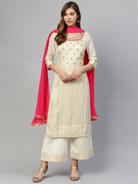 

AURELIA Women Off-White & Golden Zari Self Design Kurta with Palazzos & Dupatta