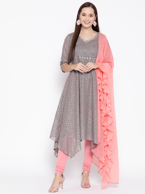 

AURELIA Women Grey & Coral Pink Printed Kurta with Churidar Leggings & Dupatta