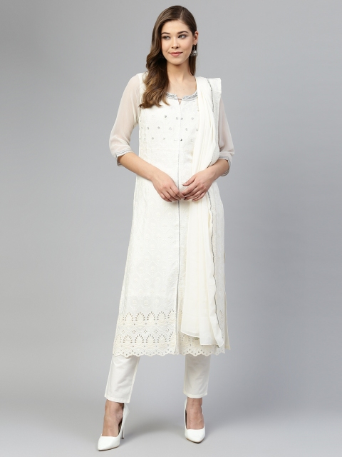 Women White Embroidered Kurta with Trousers & Dupatta