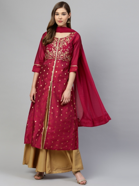 

AURELIA Women Maroon & Golden Zari Self Design Kurta with Palazzos & Dupatta