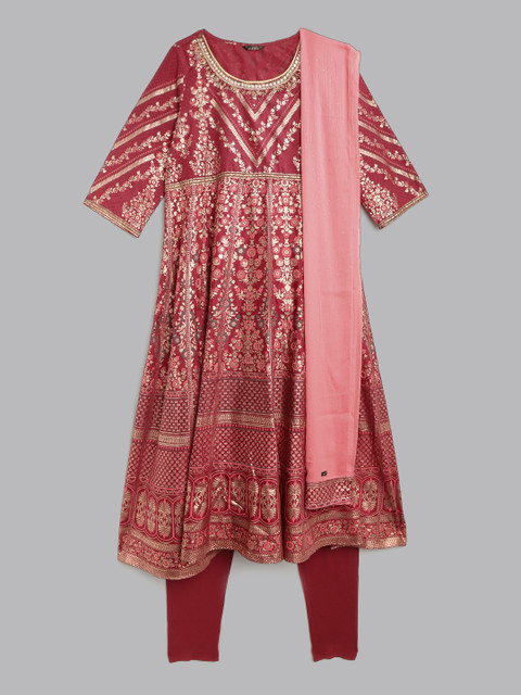 

AURELIA Women Maroon Ethnic Motifs Printed Anarakli Kurta with Churidar & With Dupatta
