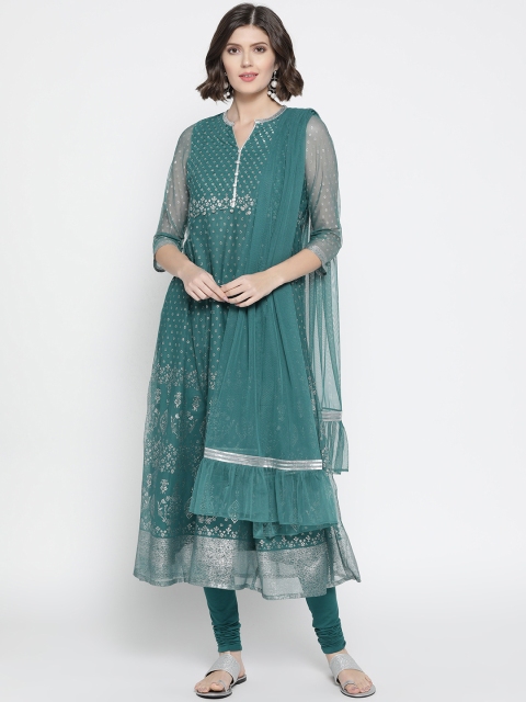 Women Teal Blue & Silver Printed Kurta with Churidar & Dupatta