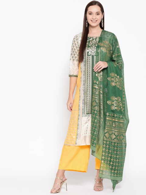 

AURELIA Women White & Yellow Printed Kurta with Palazzos & Dupatta