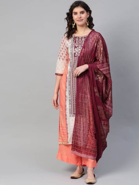 

AURELIA Women White & Peach-Coloured Printed Kurta with Palazzos & Dupatta