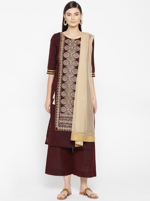 

AURELIA Women Maroon & Golden Embroidered Kurta with Palazzos & Dupatta