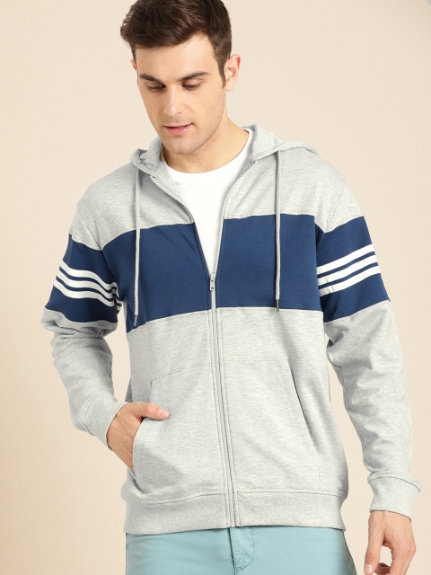 

ether Men Grey Melange & Blue Colourblocked Hooded Sweatshirt