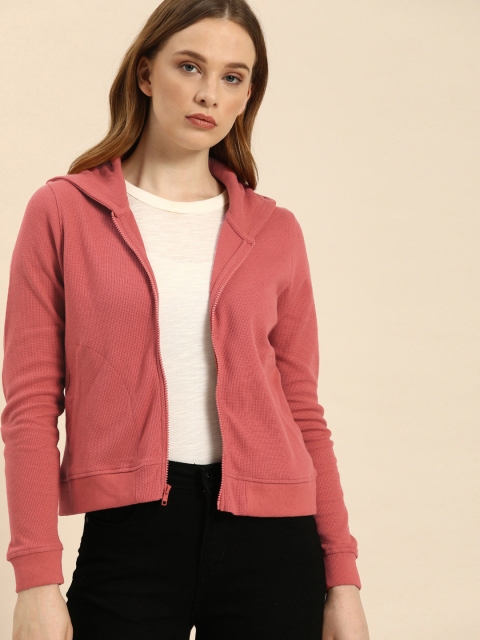 ether Women Coral Pink Self Design Hooded Sweatshirt