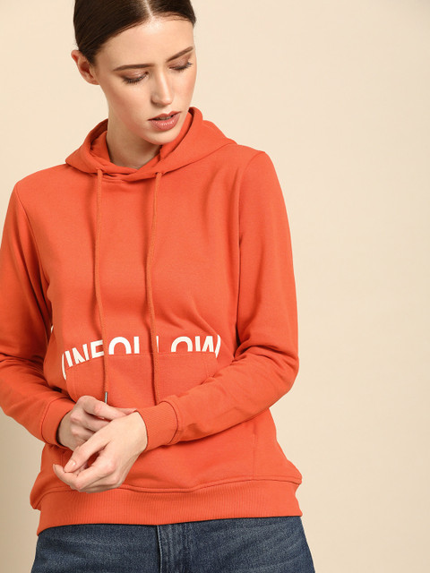 

ether Women Orange Printed Hooded Sweatshirt