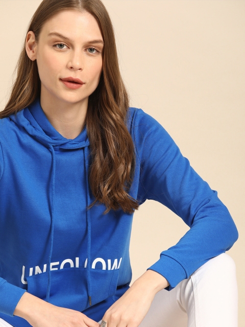 

ether Women Blue Printed Hooded Sweatshirt