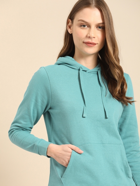 

ether Women Turquoise Blue Solid Hooded Sweatshirt