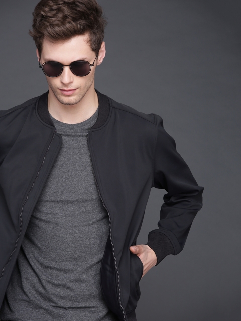 

WROGN Men Navy Blue Solid Slim Fit Bomber Jacket