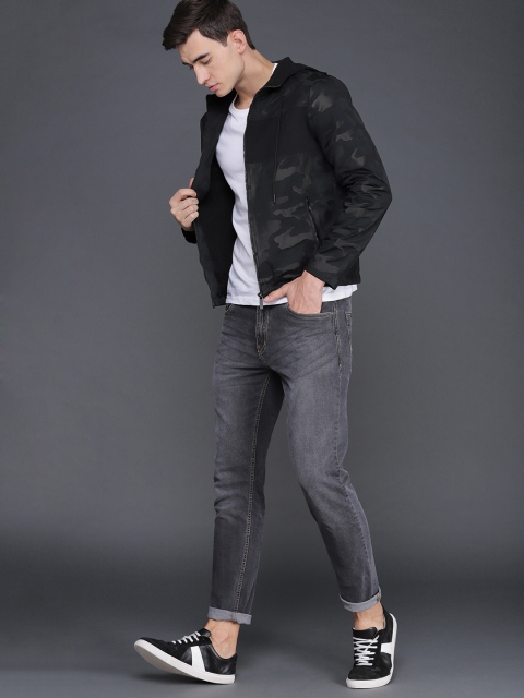 

WROGN Men Black Camouflage Printed Slim Fit Hooded Sporty Jacket