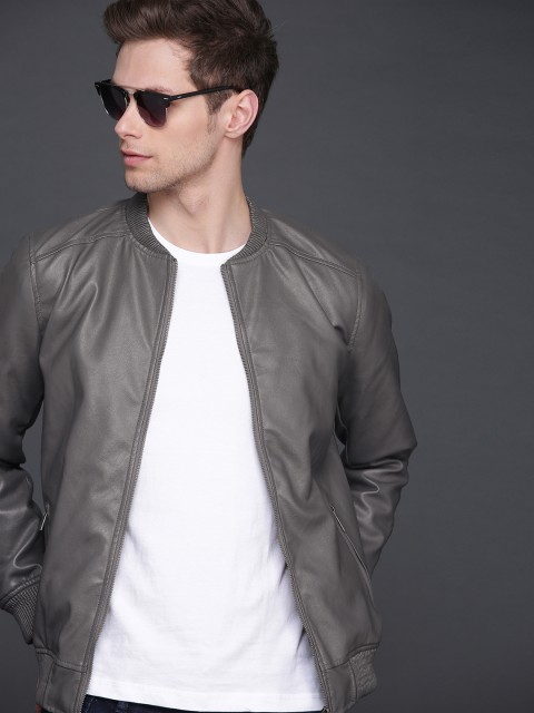 

WROGN Men Grey Solid Slim Fit Biker Jacket