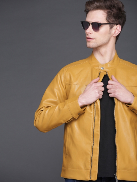 

WROGN Men Mustard Yellow Slim Fit Solid Biker Jacket