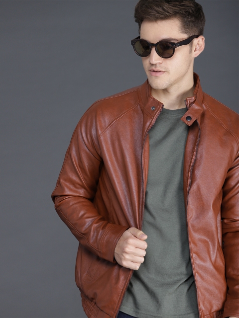 

WROGN Men Tan Brown Solid Biker Jacket