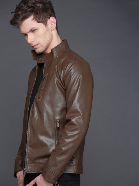 

WROGN Men Brown Solid Slim Fit Biker Jacket