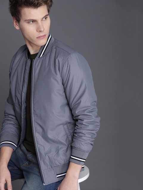 

WROGN Men Grey Solid Bomber Jacket