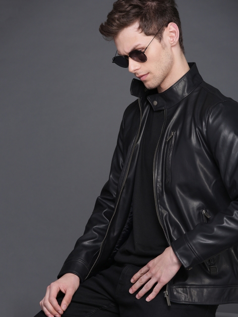 

WROGN Men Navy Blue Solid Slim Fit Biker Jacket