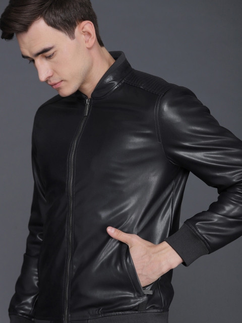 

WROGN Men Navy Blue Solid Slim Fit Biker Jacket