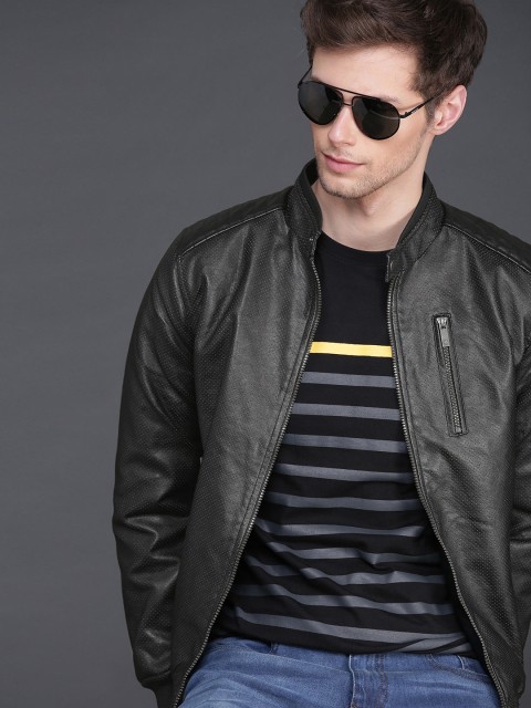 

WROGN Men Black Self Design Slim Fit Bomber Jacket