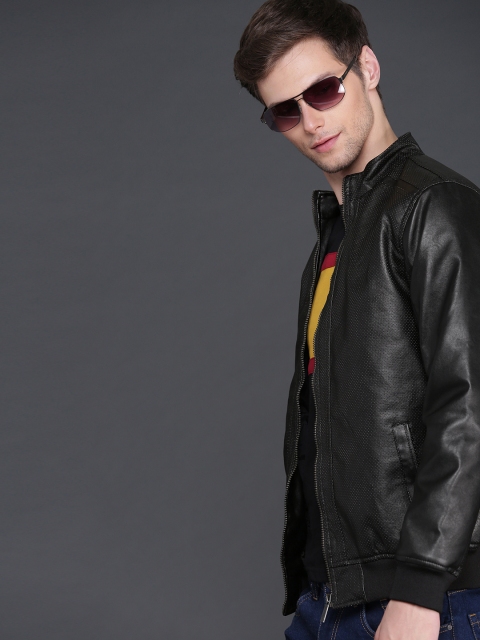 

WROGN Men Black Self Design Slim Fit Bomber Jacket